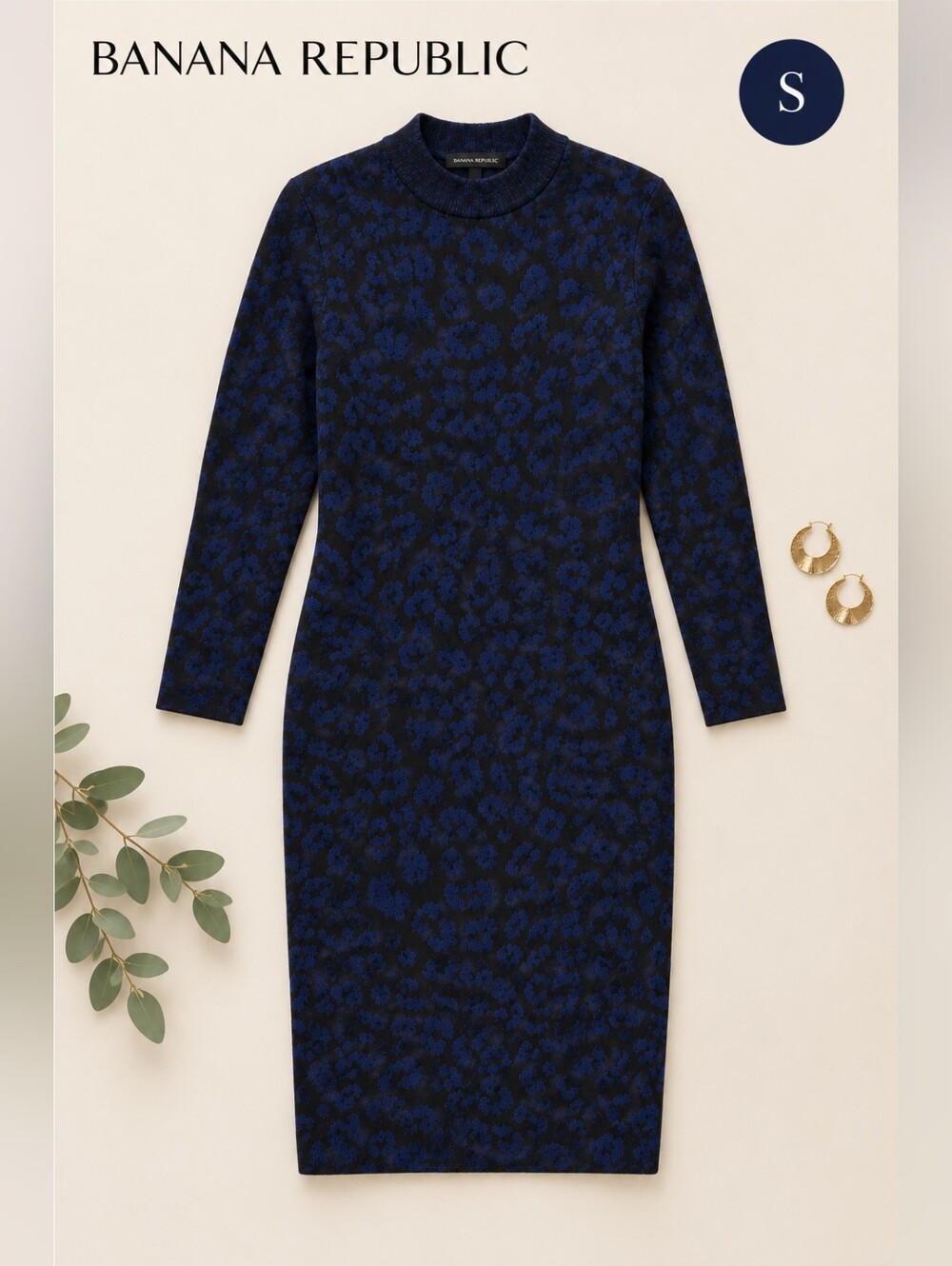 Banana Republic Blue & Black Animal-Print Mock Neck Sweater Dress, Size Small